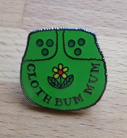 Cloth Bum Mum Pin Badge by Donwood Creations